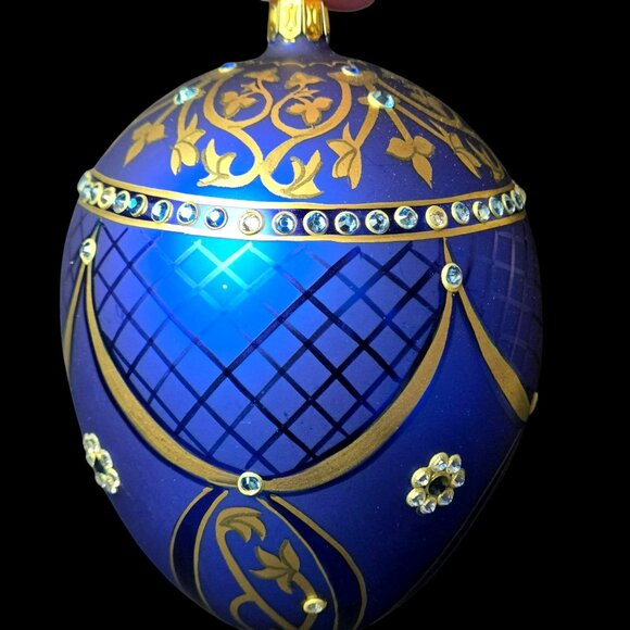 Komozja Family Blue Jeweled Glass Egg 5" Ornament Handcrafted Polish Blown Glass - Picture 4 of 10